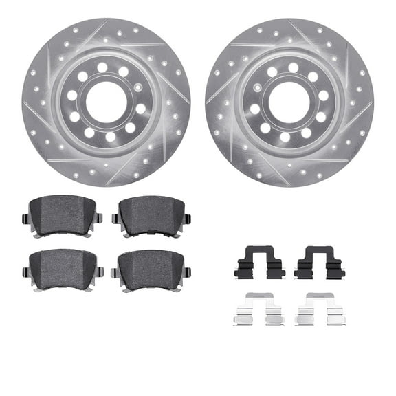 Dynamic Friction Company Rear Brake Rotors-Drilled and Slotted-Silver with 5000 Advanced Brake Pads includes Hardware 7512-74085
