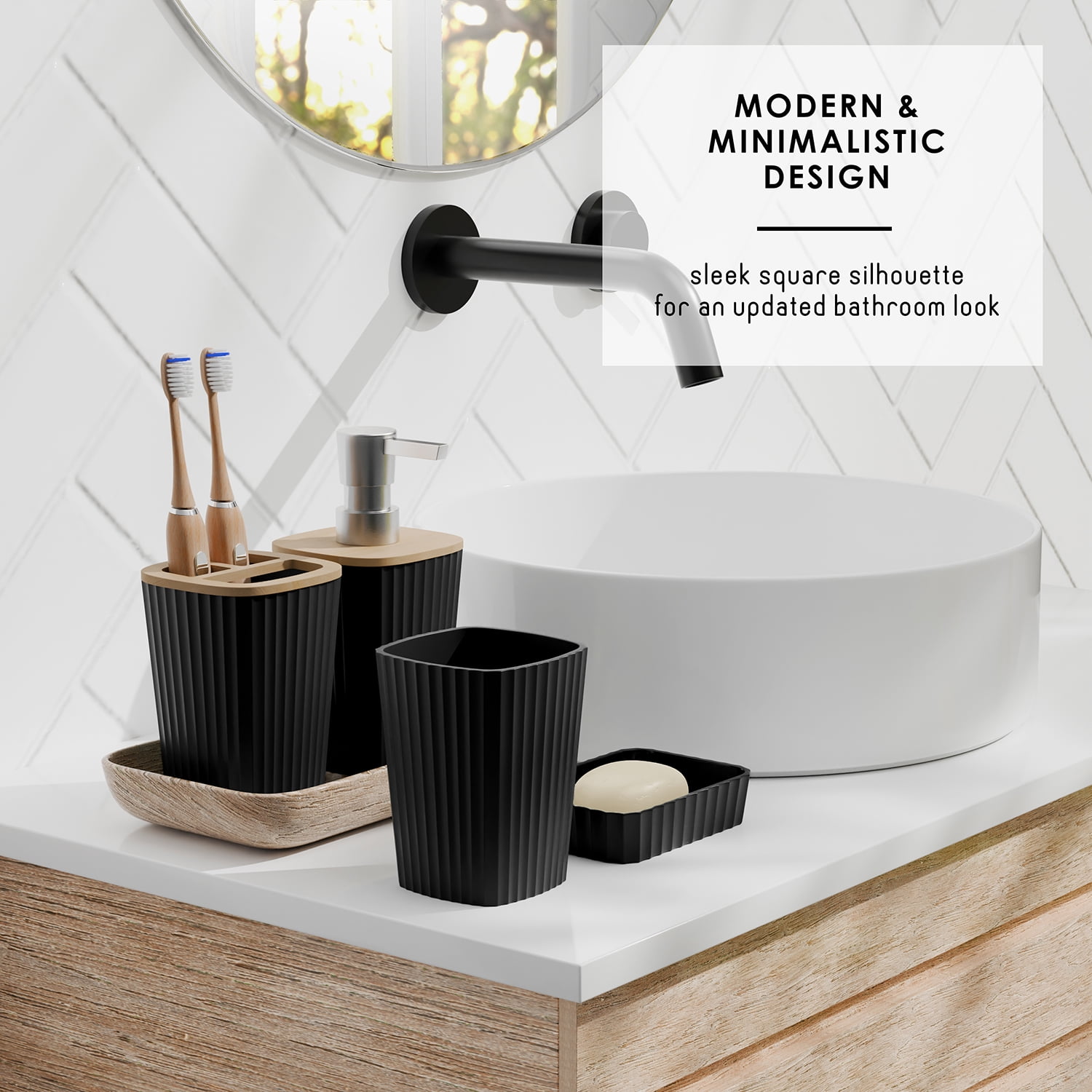 Virtu 6 Piece Bamboo Bathroom Sets, Black Bathroom Accessories Set for Minimalistic Bathroom Décor