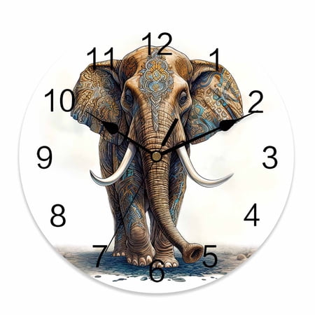 Wall Clock 12 Inch Vintage Boho Tribal Round Silent Decorative Wall Clocks Battery Operated for Living Room Bedroom Kitchen Classroom Decor, Elephants Ivory Chocolate Brown,Large