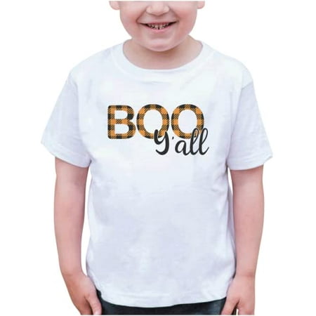 

7 ate 9 Apparel Kids Happy Halloween Shirts - Boo Y all Shirt - Orange & Black Plaid - White T-Shirt 4T