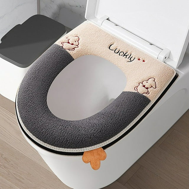 HIGERH Cute Embroidery Toilet Seat Cover | Soft Polyester Zipper Model | Easy Wash & Install | Waterproof & Hygienic | 43X37Cm