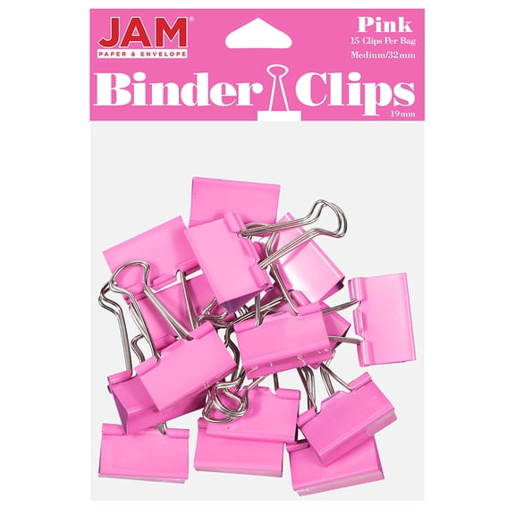 JAM Paper Colorful Binder Clips, Medium, 1 1/4 inch (32 mm), Pink, 15/Pack