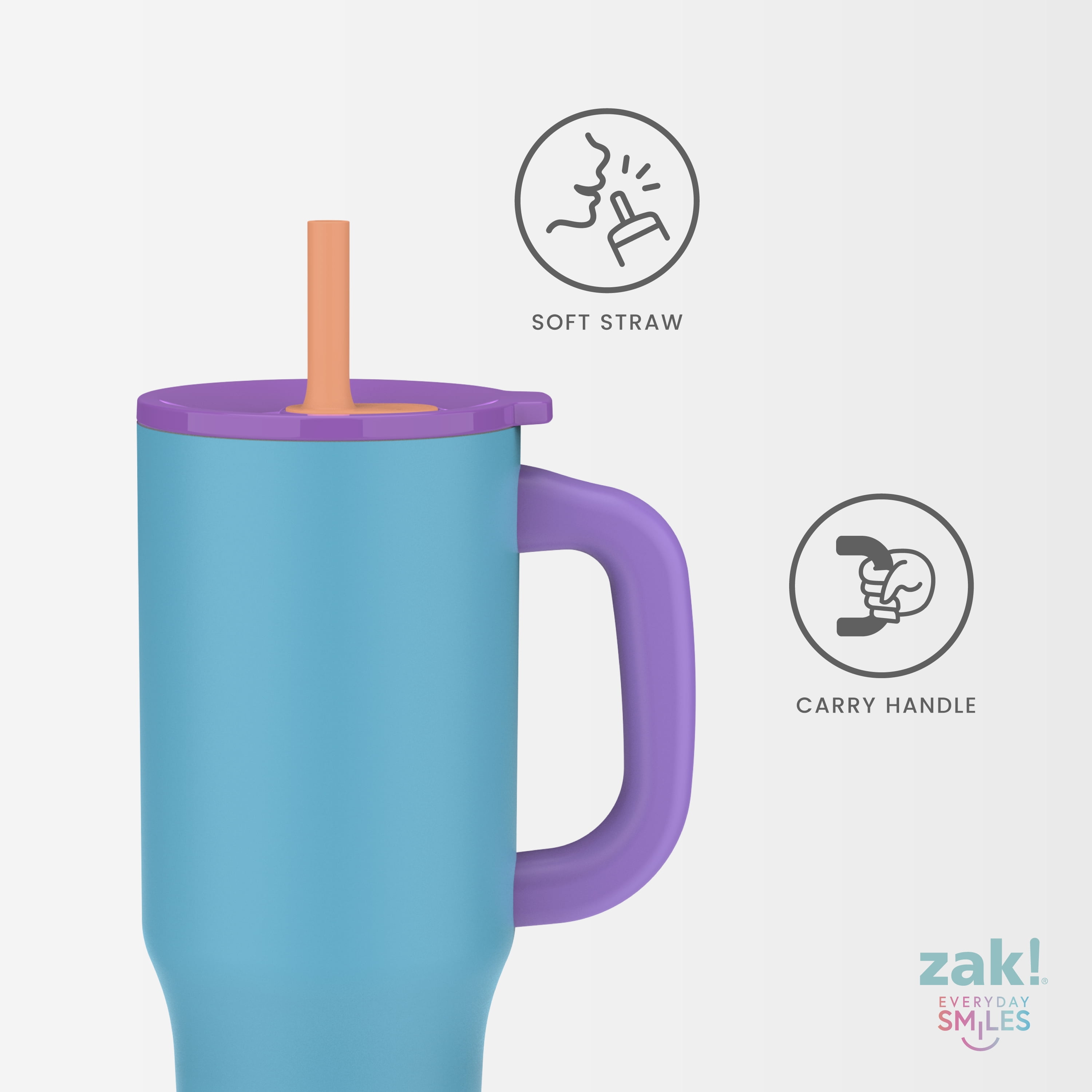 Zak Designs Sutton Travel Tumbler for On the Go, 40oz Stainless Steel with Vacuum Insulation, Silicone Straw, and Carry Handle for Cold Drinks (Turquoise)