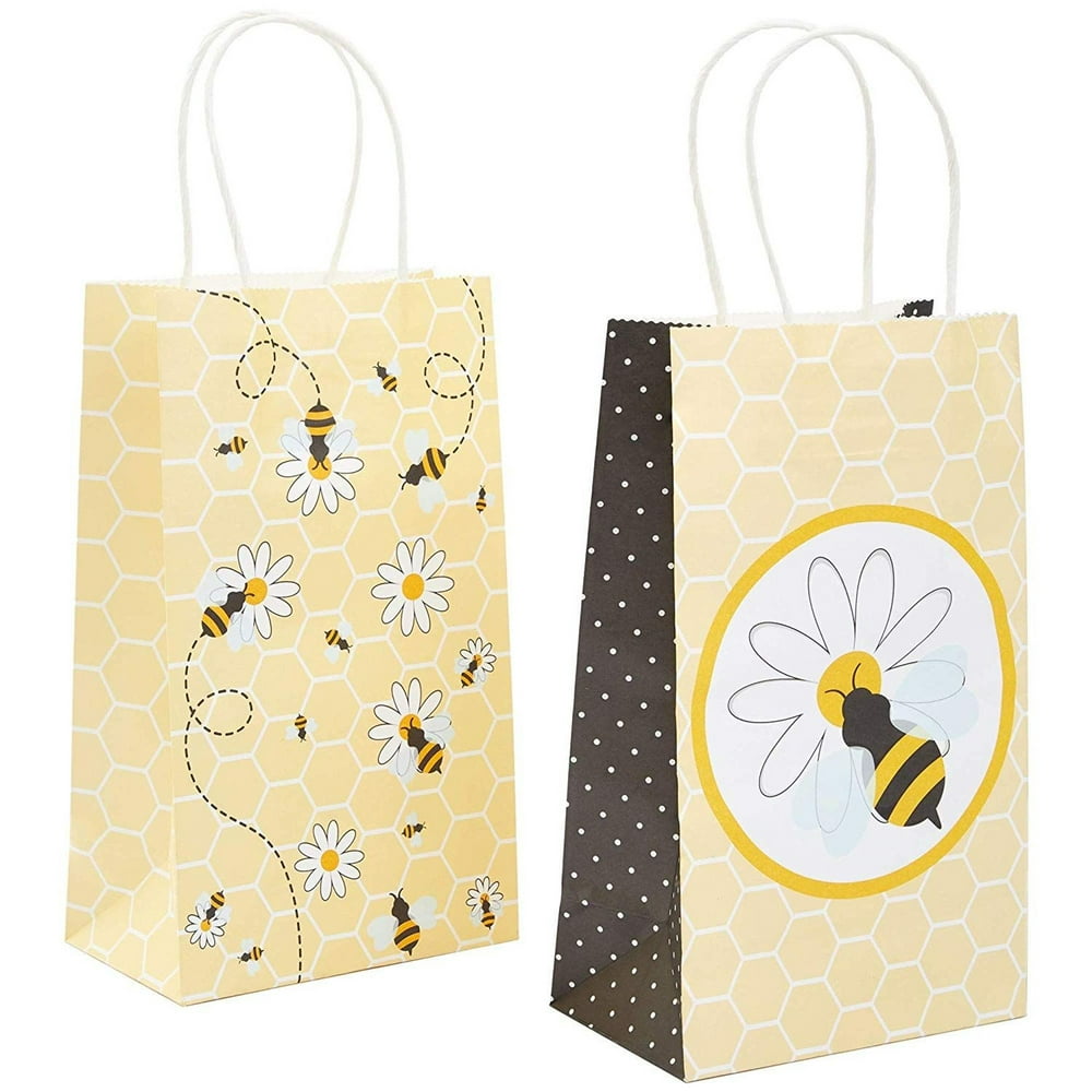 24 Packs Bumble Bee Party Paper Gift Bags with Handles for Baby Shower