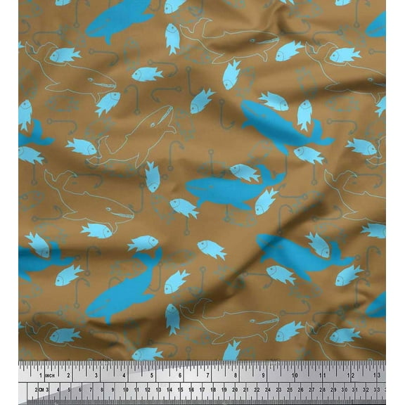 Soimoi Cotton Duck Fabric Fishing Hook,Fish & Whale Ocean Printed Craft Fabric by The Yard 42 Inch Wide
