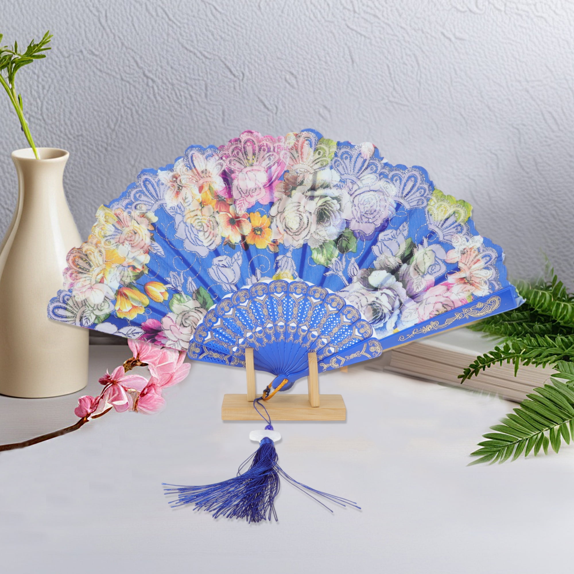 Unique Bargains Rose Print With Tassel Folding Fan 1 Pc For Summer Events Decorations Blue