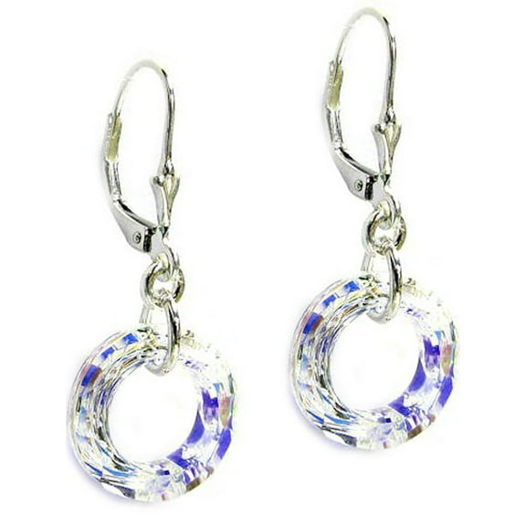 Sterling Silver Swarovski Elements Aurora Borealis Donut Crystal Dangle Earrings