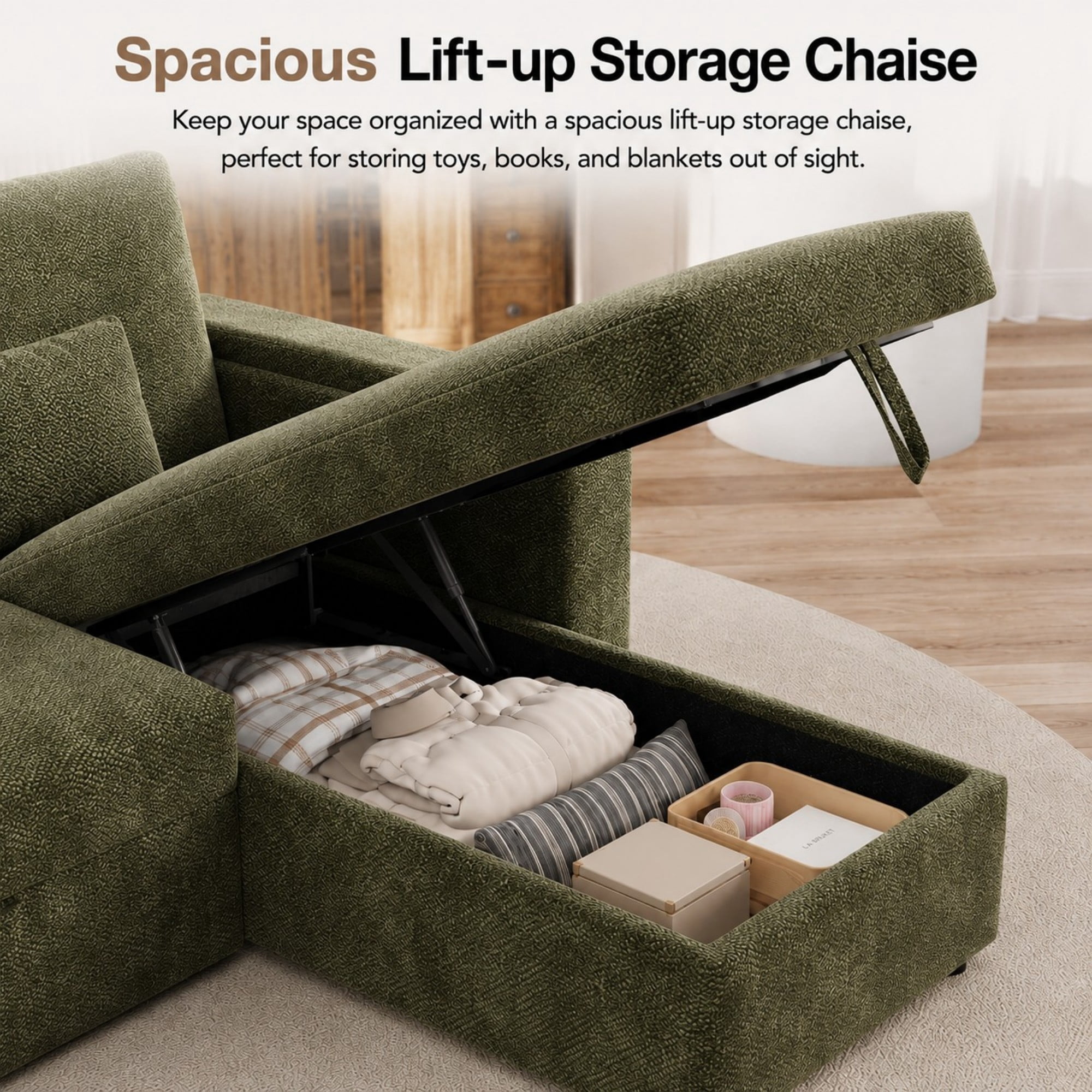 DEALTOPS 108" Chenille L-Shaped Pull Out Sleeper Sofa Bed with Recliner, Storage Chaise & USB Ports, Green