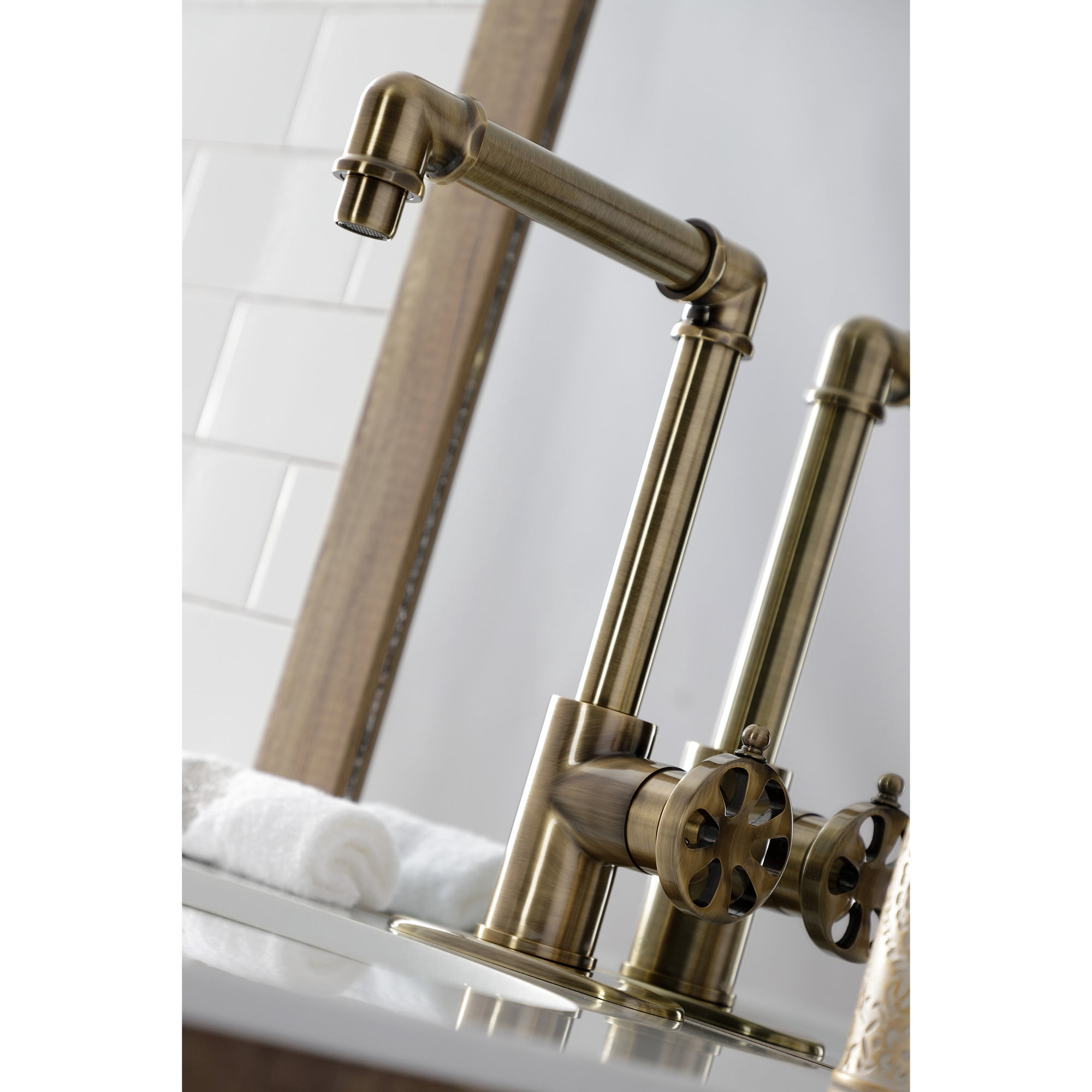 Kingston Brass KSD144RXAB Belknap One-Handle Single-Hole Bathroom Faucet with Deck Plate and Push Pop-Up Drain, Antique Brass