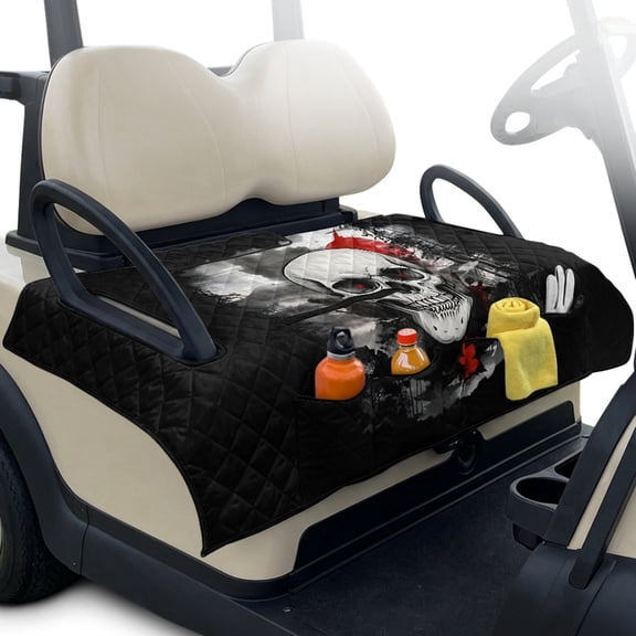 LedBack Skull Print Golf Cart Towel Seat Covers with 4 Front Pockets Foldable Sweat Absorption Golf Cart Seat Towel Blanket Covers with Non-Slip Backing