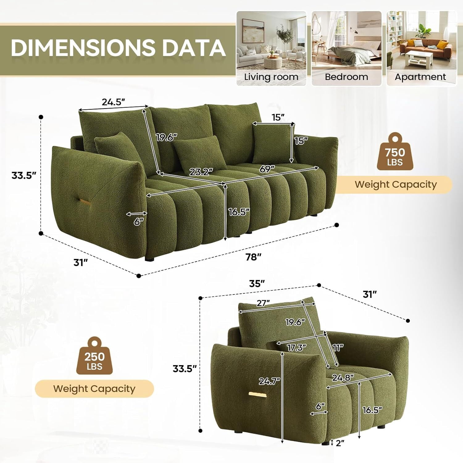 avobird 81" premium Teddy fabric sofa with 3 Pillows, Modern Deep Seat 3 Seater Boucle Sofa & Single Sofa Chair, Oversized Loveseat Sofa for Living Room, Green