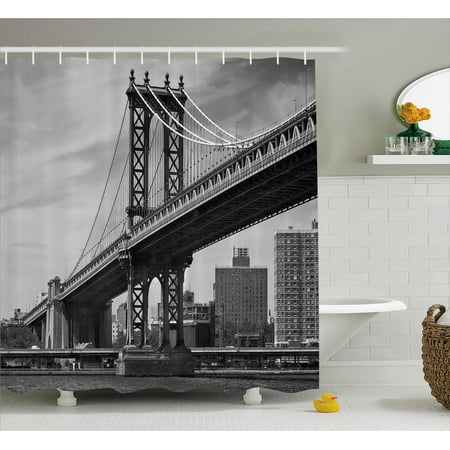 New York Shower Curtain, Bridge of NYC Vintage East Hudson River Image USA Travel Top Place City Photo Art Print, Fabric Bathroom Set with Hooks, Grey, by (Best Place To Print Dslr Photos)