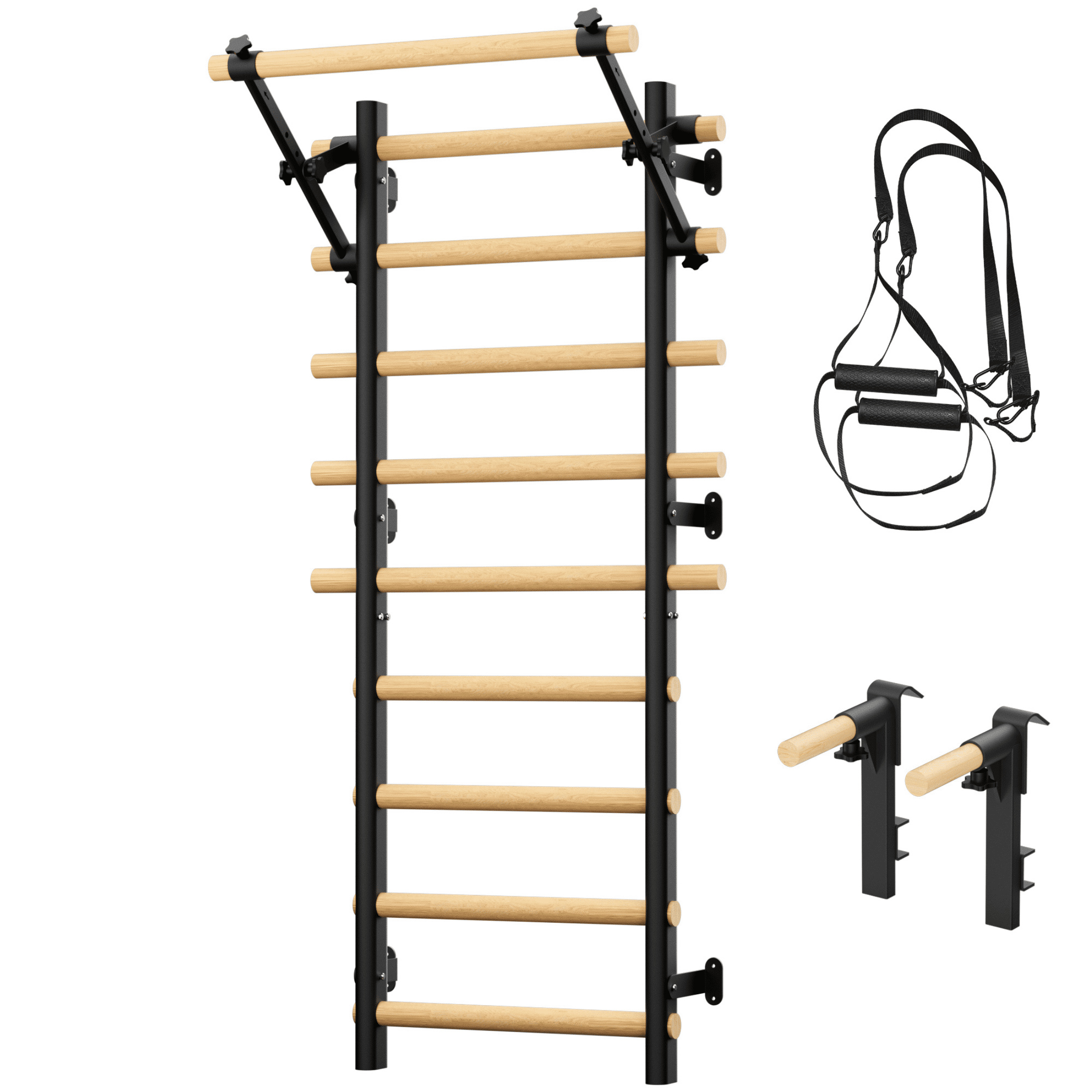 Cofiyard Swedish Ladder Wall Gym, Wooden Wall-Mounted Stall Bars with Pull-up Bar & Exercise Straps, Stretching Ladder Full Body Home Gym for Adults