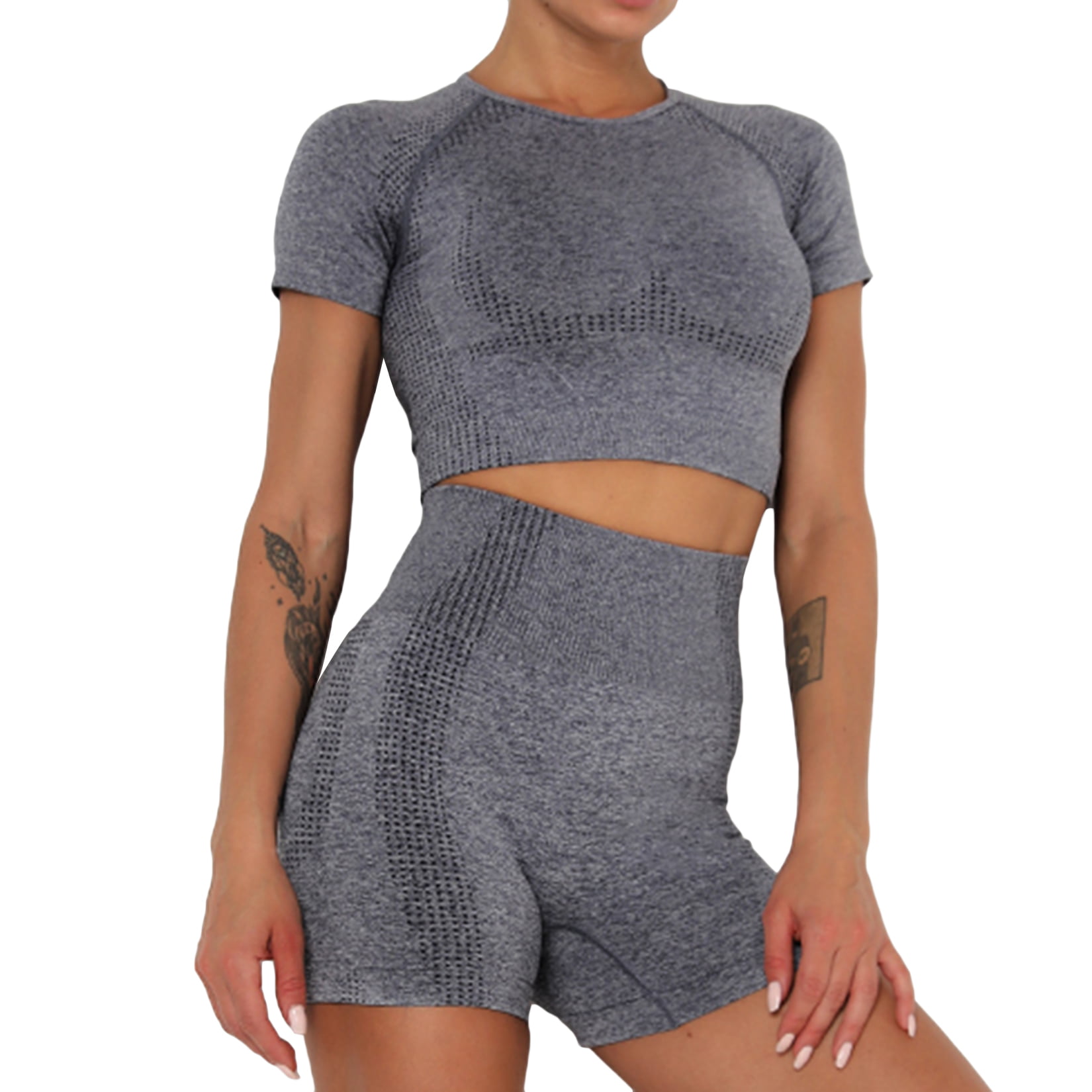 Two Piece Outfit for Women Summer Short Sets Plus Size Workout Sets Short  Sleeve Top & High Waist Biker Shorts Active Tracksuits