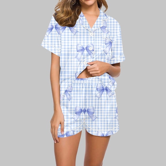 Fewfanhot Women's Ultra-Soft Sleepwear Set - Cotton-Blend Short Sleeve Pajamas & Short Pants Total 2PC, Ideal for Family Gatherings and Cozy Nightwear