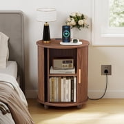 18 Inch Nightstands Set of 2, Fluted Round Wood Nightstand with Charging Station, Small End Table for Living Room, Sliding Door Round Side Table with Storage for Bedrrom (18 inch, Walnut)