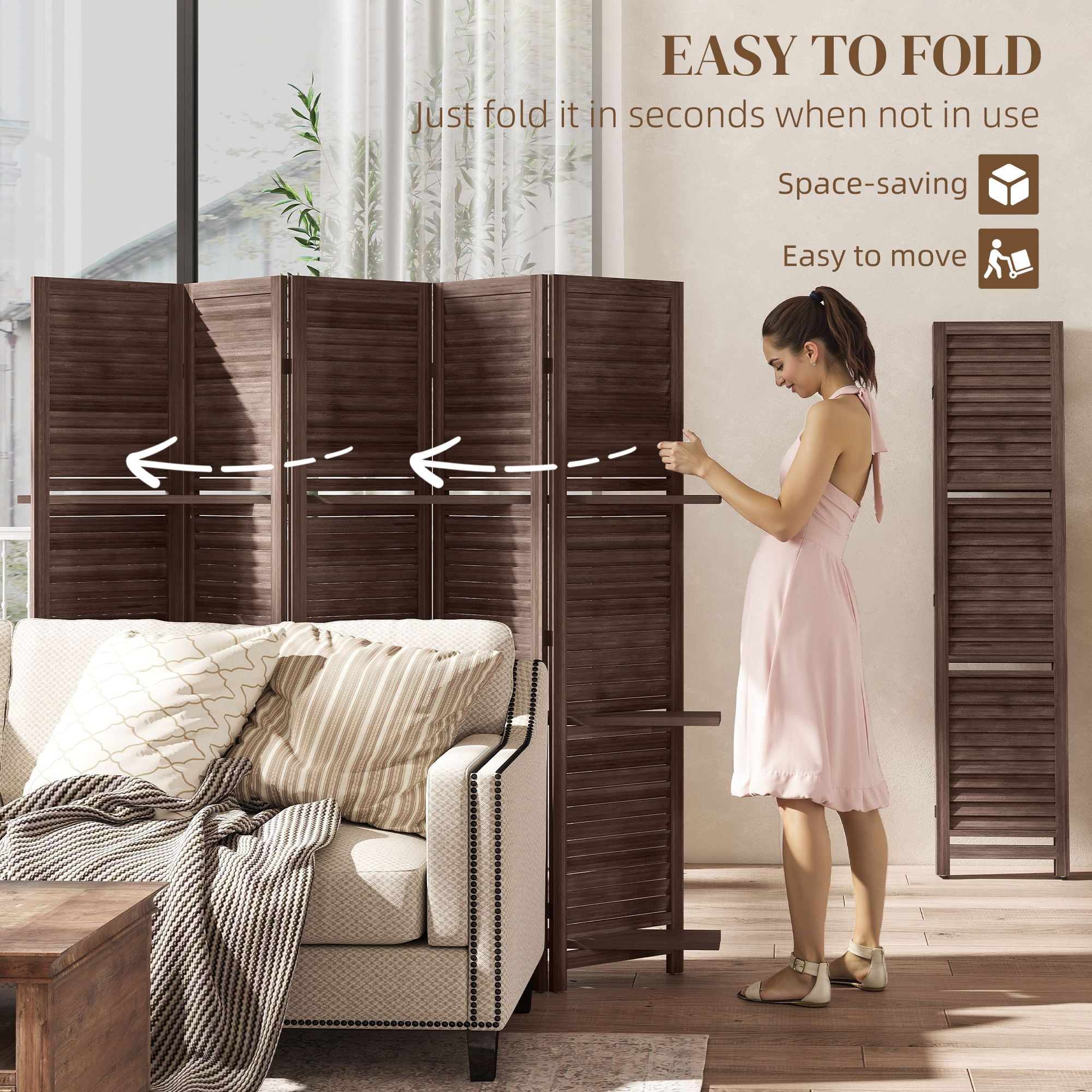 Alvantor 5 Panel Room Divider 67" Wood Privacy Screen with Storage Shelves for Porch Living Room Dorm Walnut