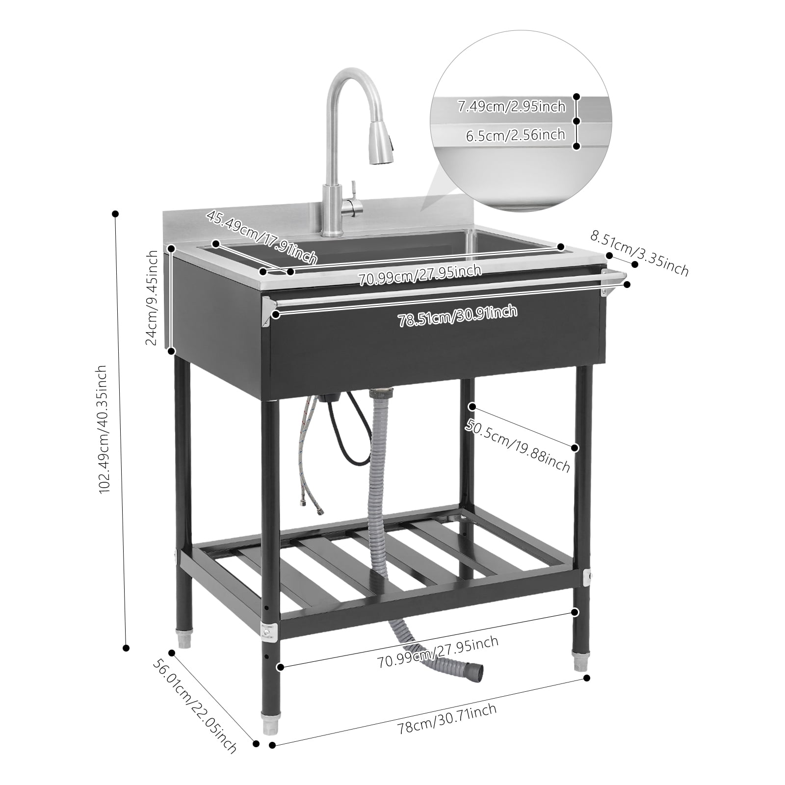 Black Stainless Steel 30.7x22x40.35 Inch Independent Kitchen Sink With Drain Rack Large-Capacity Sink With Pull Tap