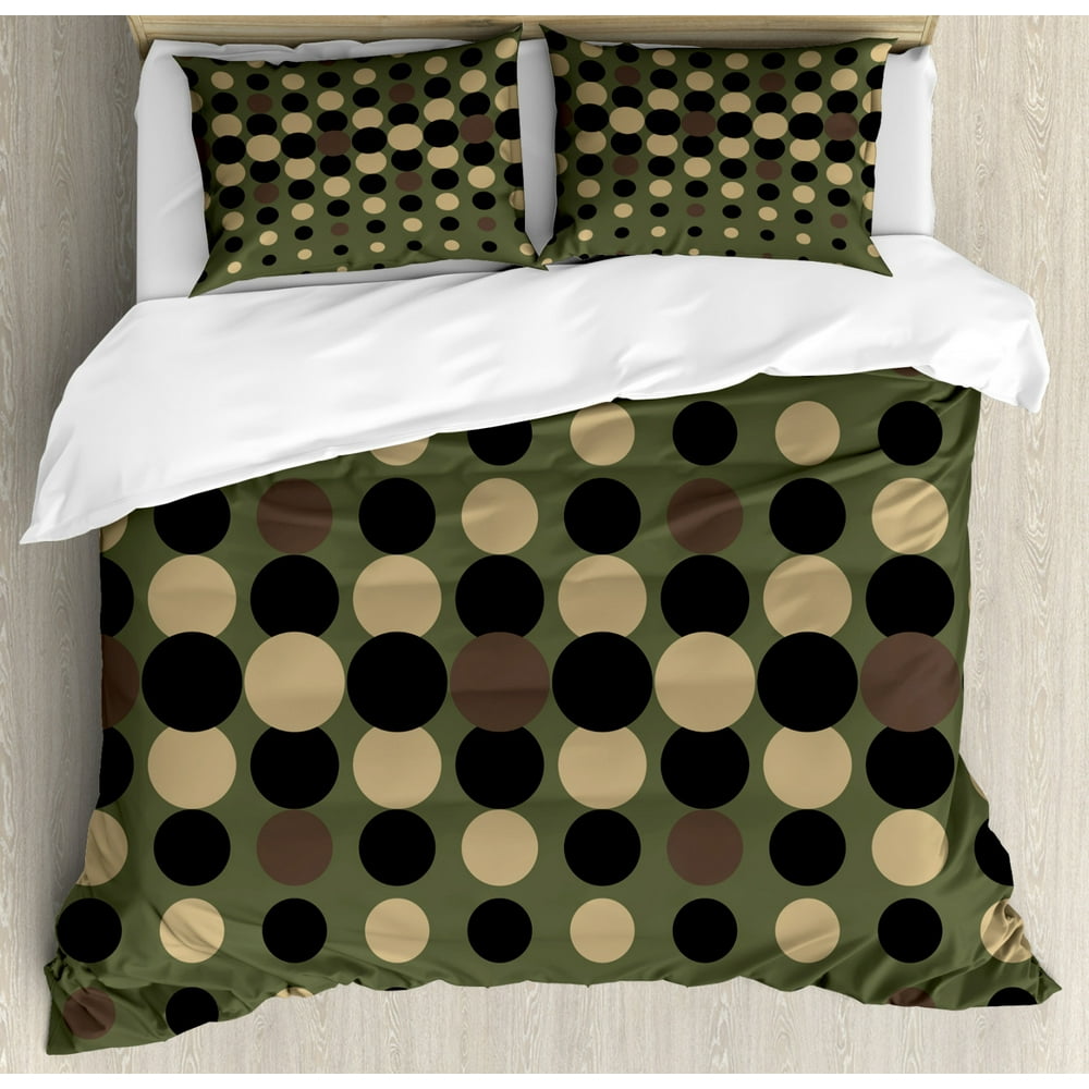 Olive Green Duvet Cover Set Queen Size, Retro Style Pattern with