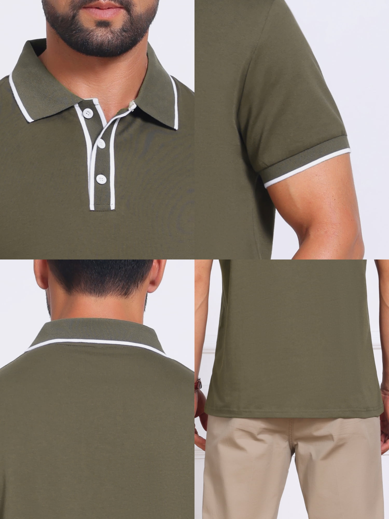 DARING DIVA Men's Contrast Trim Short Sleeve Button Closure Polo Shirts S Olive Green