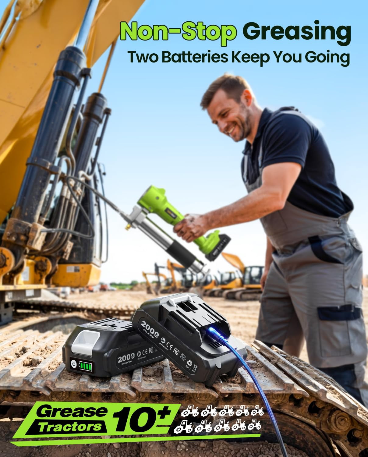 TaskStar Grease Gun with Lock-On Trigger for Effortless Greasing, Cordless Electric Grease Gun Kit, 2 Batteries, 40" Hose & LED Light, 14 oz Capacity for Tractor, Truck & Equipment Maintenance