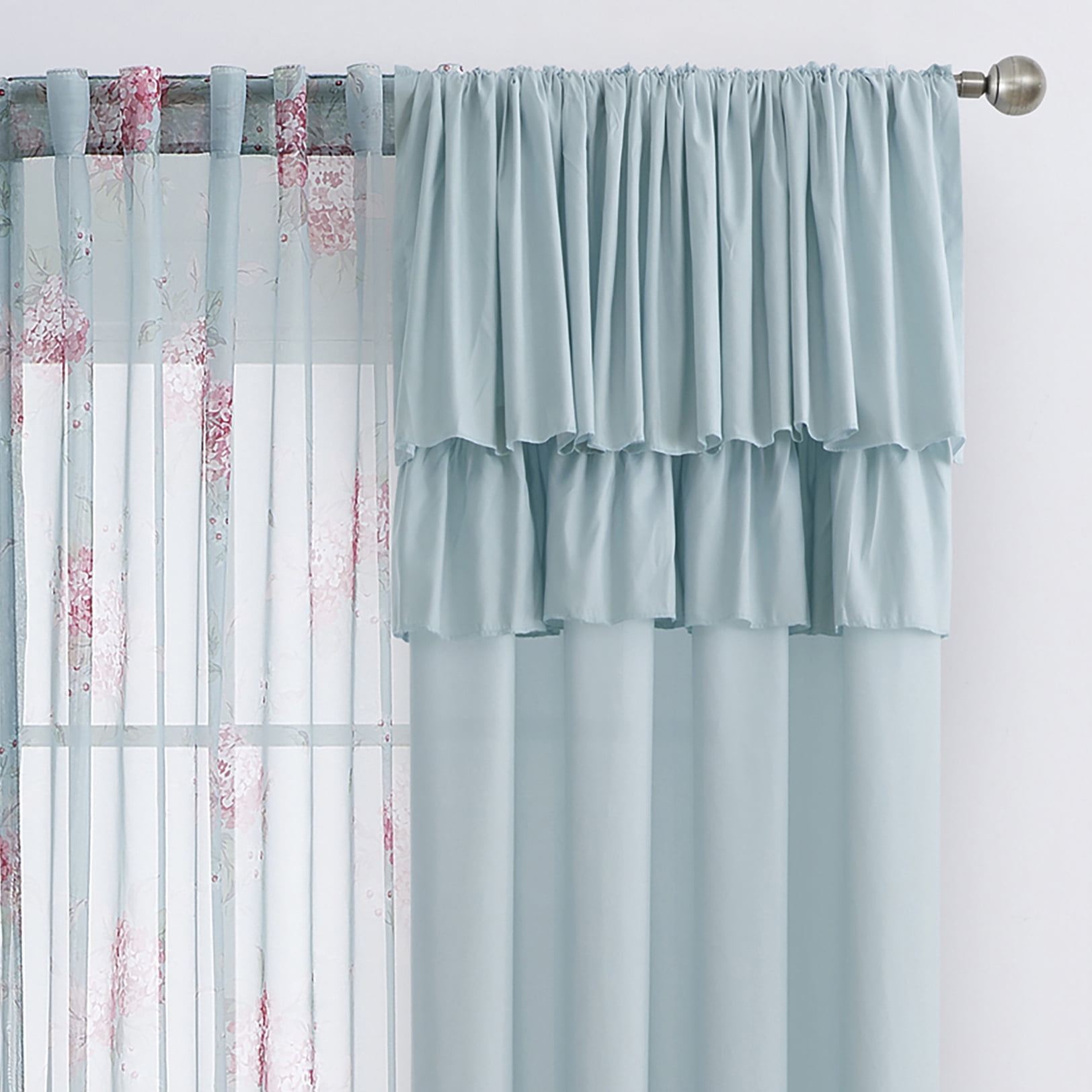 Simply Shabby Chic Ruffled Floral Belle Hydrangea 4-Piece Window Curtain Panel and Sheer Set, 50" x 95"