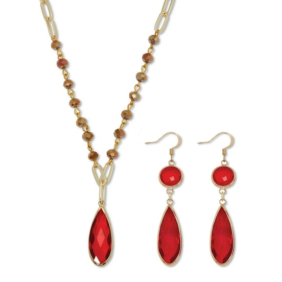 Red Crystal Goldtone Vintage-Inspired Necklace and Earring Set