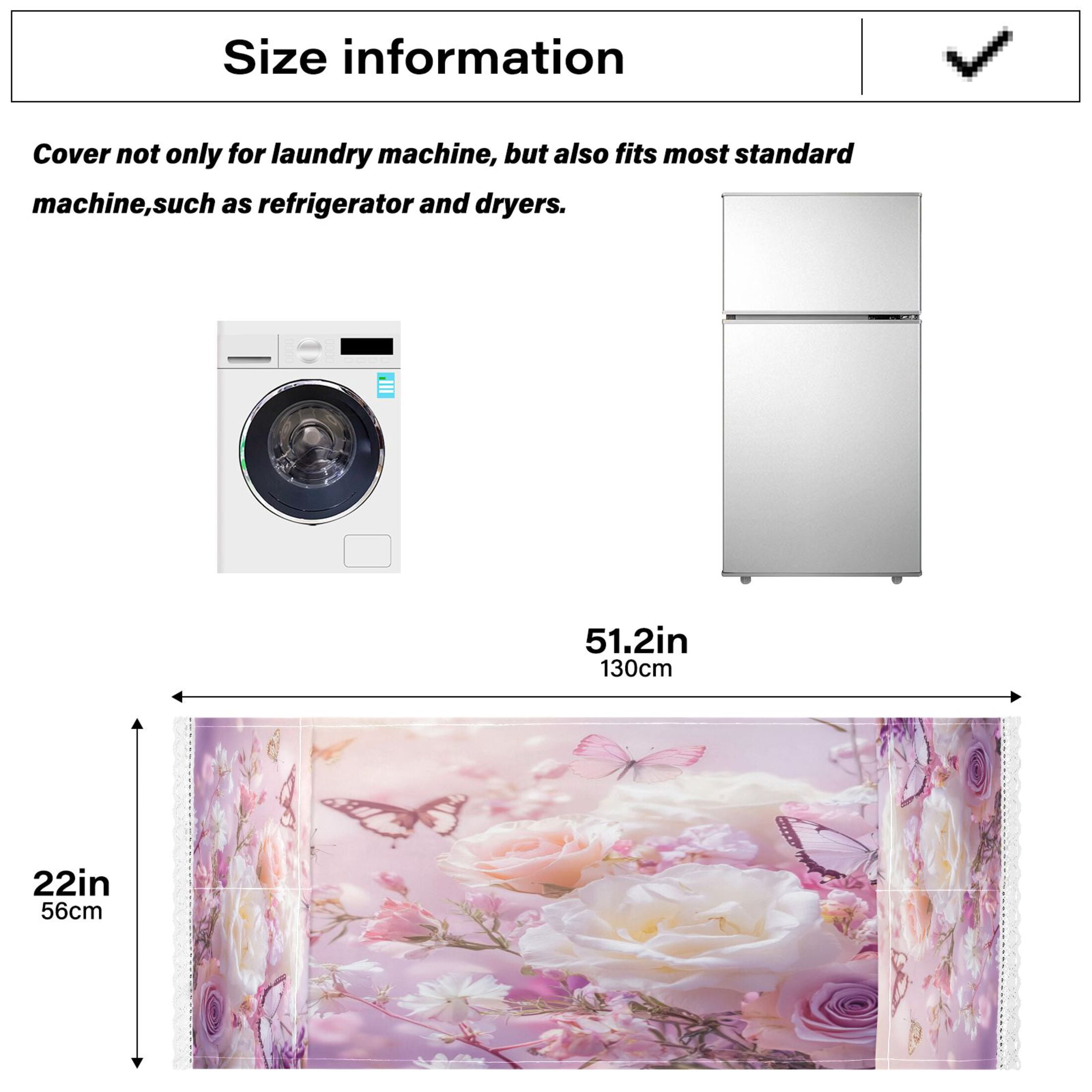 Washing Machine Cover 51.2x22in, Durable Polyester Dust Cover with Lace Trim and Side Pocket for Appliances Butterfly Garden