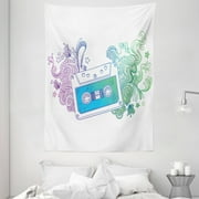 Doodle Tapestry, Audio Cassette Tape with Line Art Floral Musical Old Fashion Melody Print, Wall Hanging for Bedroom Living Room Dorm Decor, 60W X 80L Inches, Blue Mint Purple, by Ambesonne