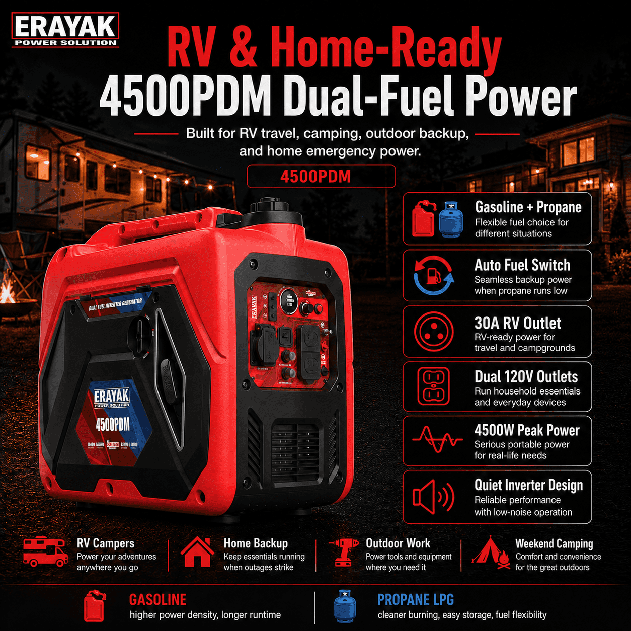 ERAYAK 4500W Dual-Fuel Inverter Generator, Quiet Gas Propane Portable Generator for Home & RV