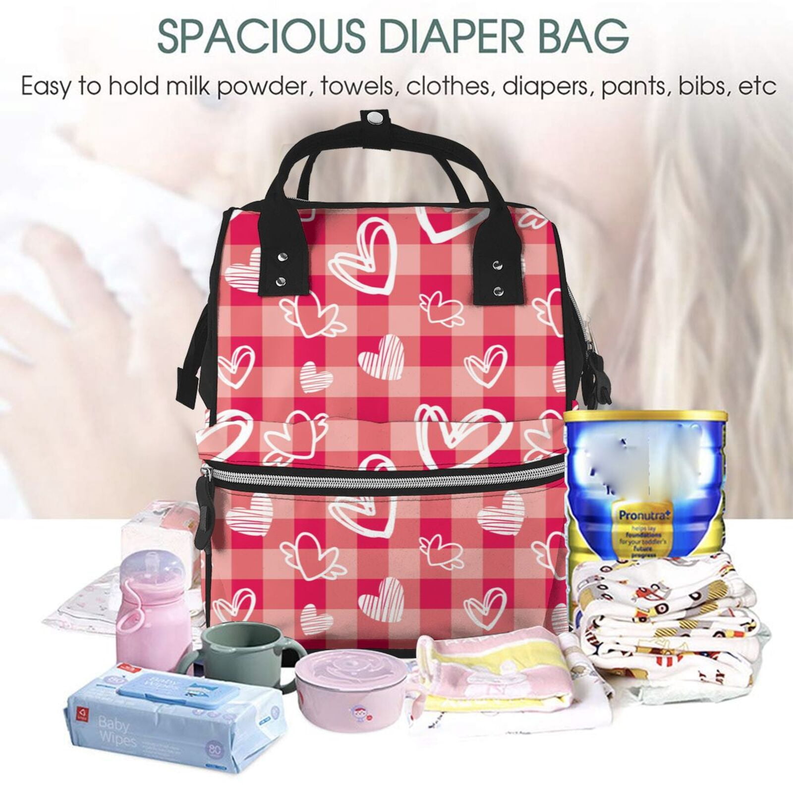 Ratiio valentine day with heart Mummy Backpack - Waterproof Twill Canvas, Large Capacity Diaper Bag with Multiple Pockets and Adjustable Straps