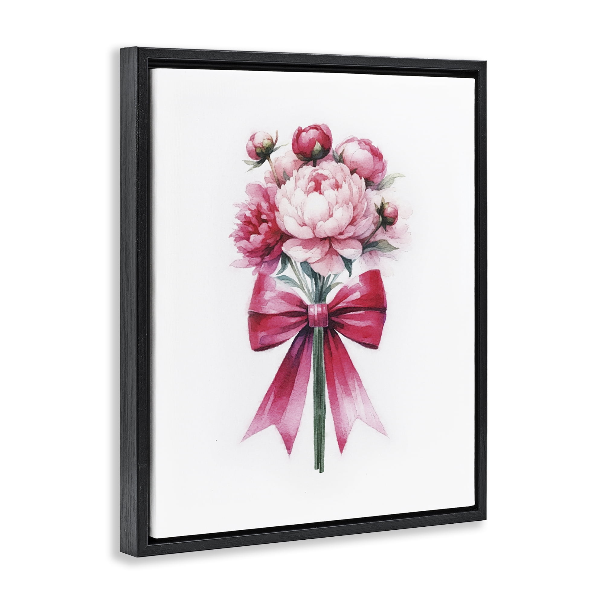 Stupell Industries Pink Ribbon Bouquet Plants & Flowers Painting Black Floater Framed Canvas Art Print Wall Art, 17 x 21