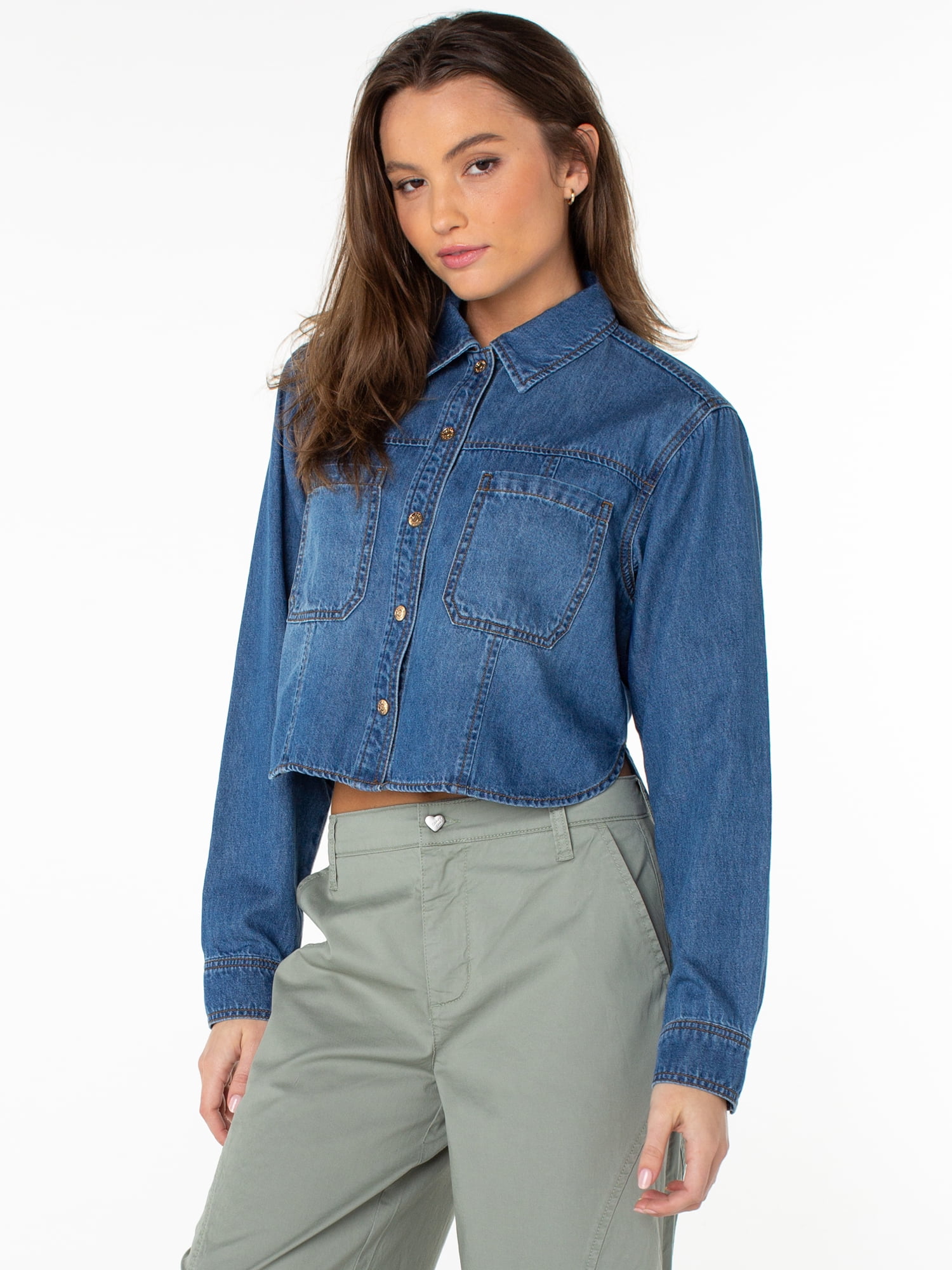 Celebrity Pink Women's and Women's Plus Hi Low Button Down Denim Top, Sizes XS-4X
