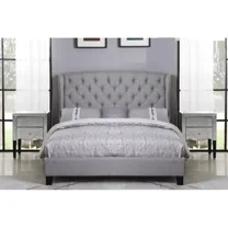 Stylish Eastern King Size Upholstered Platform Bed, Wingback Tufted Headboard, Gray
