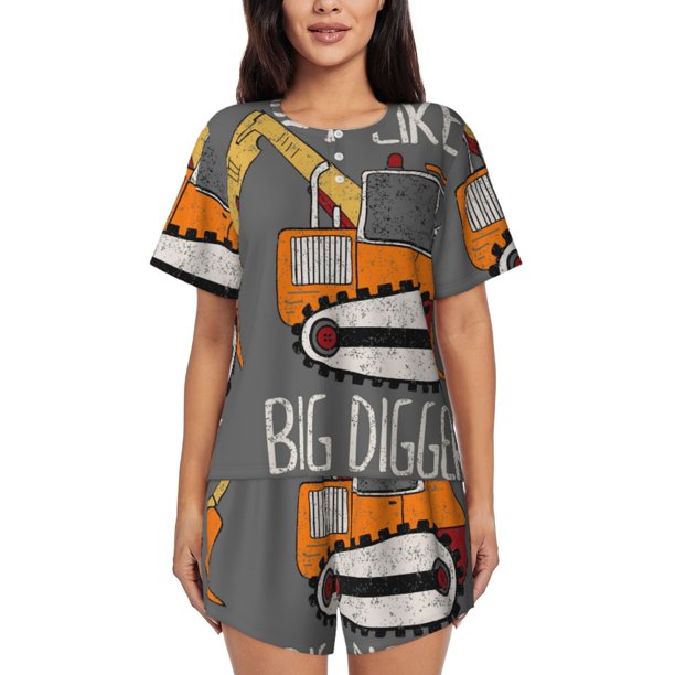 Balery I Like Big Digger Conjunto de Pijama para Mujer con Estampado, Dos Piezas de Manga Corta y Shorts, Ropa de Dormir Suave con Cuello Redondo y Bolsillos-Small