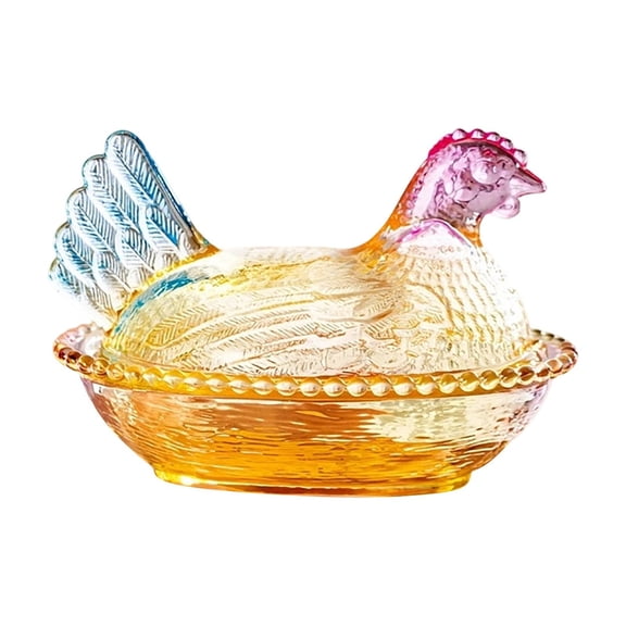YingYouFu Vintage Glass Hen on Nest Dish with Lid - Large Pedestal Rooster Glass Candy Bowl, Colorful Crystal Candy Jar for Snacks, Dessert, Cookies | Home Kitchen Office Tabletop Decor