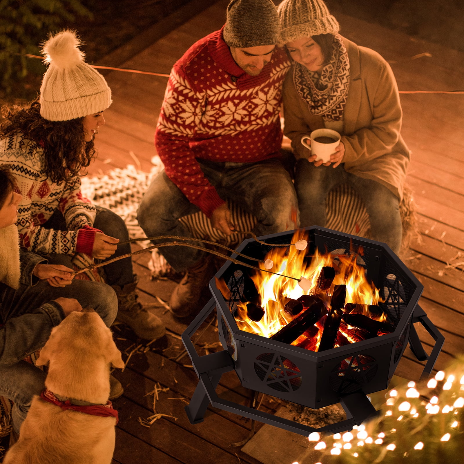 35" Fire Pit for Patio, HexShaped Steel Fire Pit with Flame-Retardant Lid, Outdoor Metal Fire Pit with Storage Shelf, Multifunctional Heater/Grill/Ice Pit for Backyard Patio Garden BBQ Grill, S7645