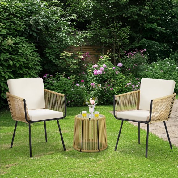 Topeakmart 3-Piece Outdoor Metal Frame Wicker Bistro Set with 2 Chairs, Tempered Glass Tabletop, Tan