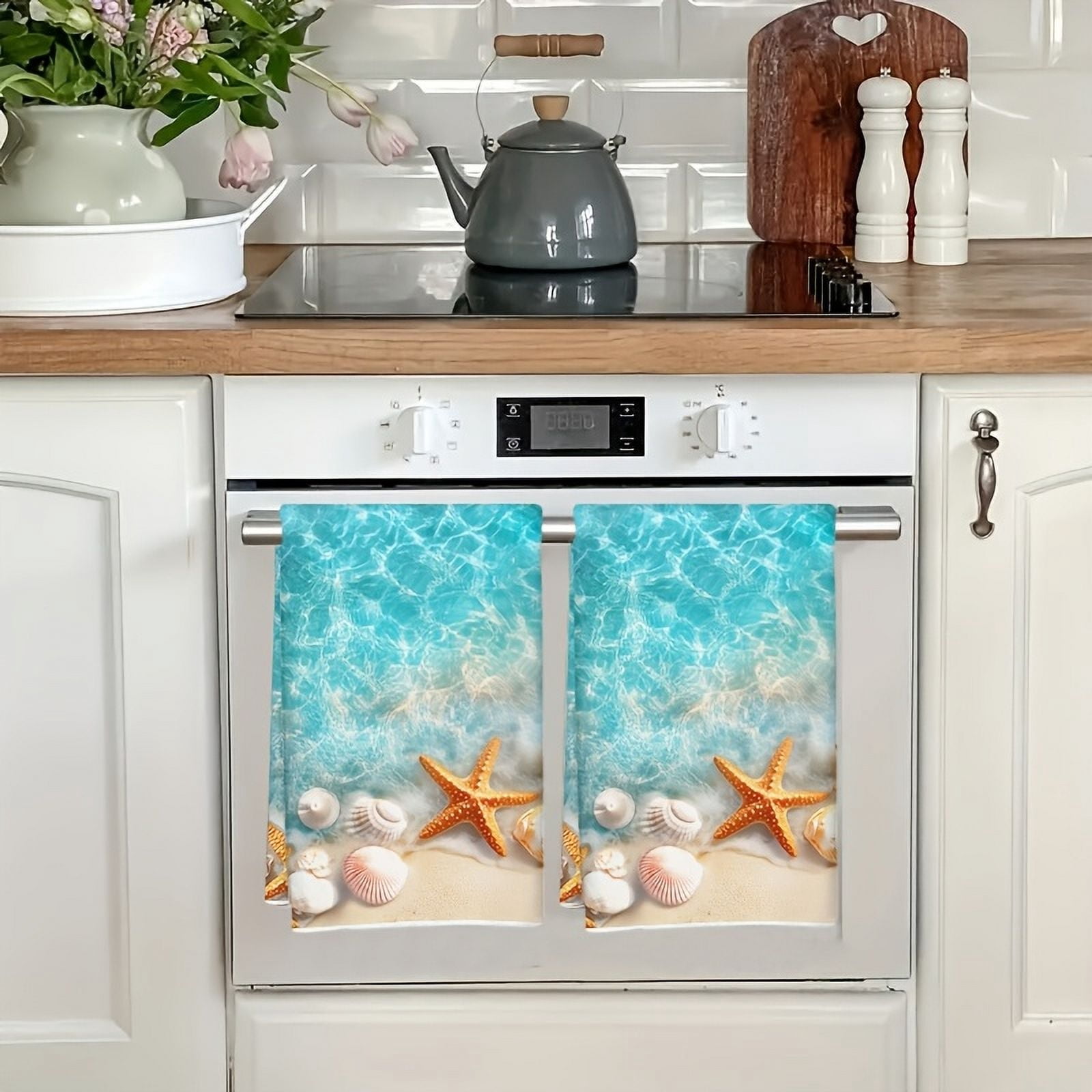 Dish Towels,Coastal Beach Theme Absorbent Kitchen Towels Set of 2 PCS,Tropical Starfish& Shell Pattern Microfiber Hand Towels Dish Cloths Tea Towels for Home  Bathroom,18X28-Inch