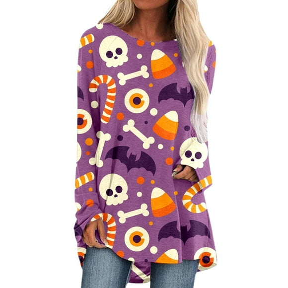 HUITKMM Long Sleeve Women Women's Halloween Graphic Print Long Sleeve T Shirt Casual Loose Fit Round Neck Fall Winter Top Comfortable Tee