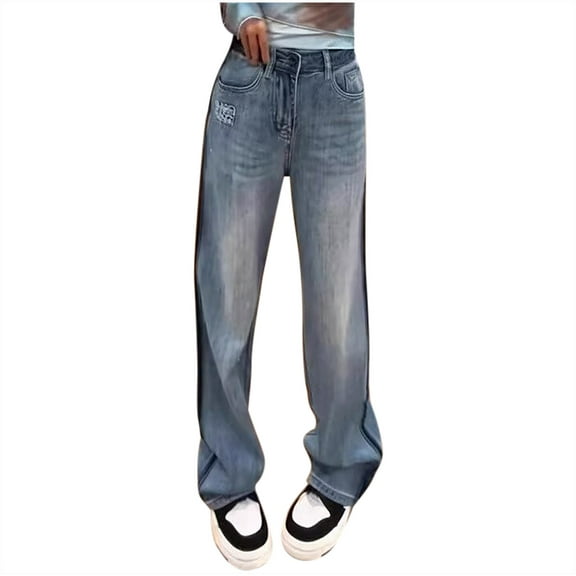 QIUOMBBP Plus Size Womens High Waisted Wide Leg Jeans Stretchy Baggy Vintage Denim Pants with Pockets, Blue, L