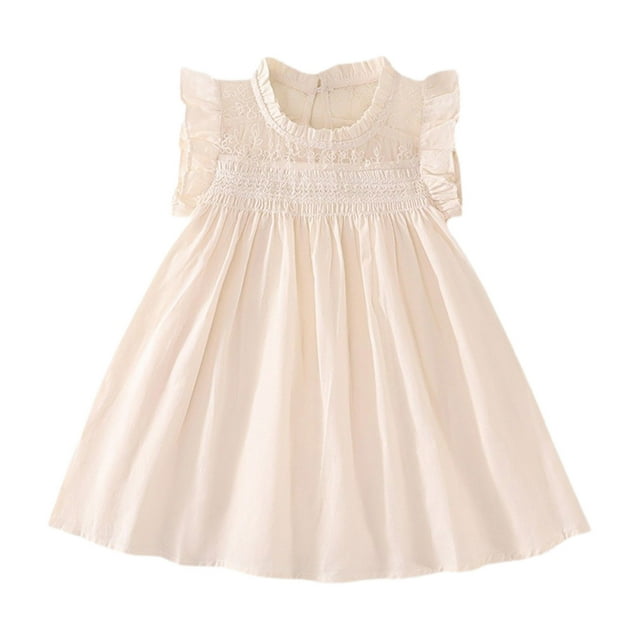 Bwiyojiz Tailles Mode 90-140 Robe Sans Manches à Col Rond Coton 3-8 Ans Robe à Manches Volantées à Enfiler à Col Rond pour Filles, 100, Cadeaux pour la Maison, Beige