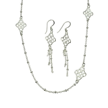 Sterling Floral Earrings - Sterling Silver Floral Link Dangle Earrings, Station Long Necklace Italy, 30