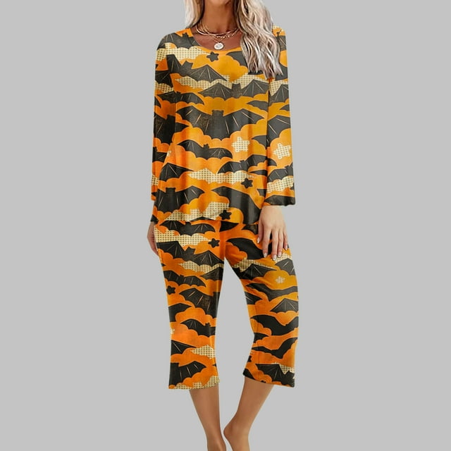 Ensembles de Vêtements pour Filles Ensemble de Pyjamas Confortables à Manches Longues et Col Rond Imprimé d'Halloween pour Femmes Ensemble de Sport Hauts pour Femmes Manches 3/4 en Liquidation