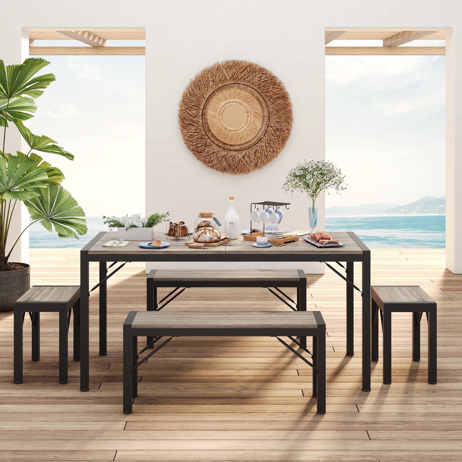 Aiho Dining Table Set for 6 Person, 63" Kitchen Table with 2 Benches & 2 Stools, Space Saver Dining Set for Kitchen, Dining Room, Living Room, Gray