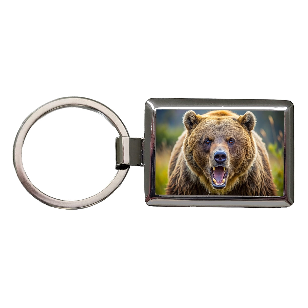 Angry Grizzly Bear Charging Metal Rectangle Keychain