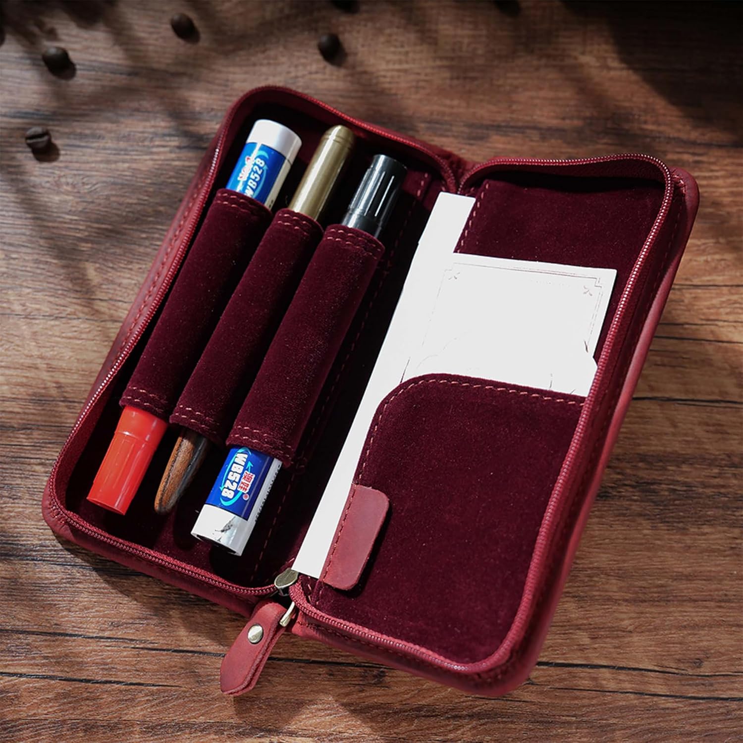 ABPETE Vintage Leather Fountain Pen Case 3 Divided Slots, Zippered Pen Case Pouch, Handmade Display Holder for Rollerball Pen (Red)