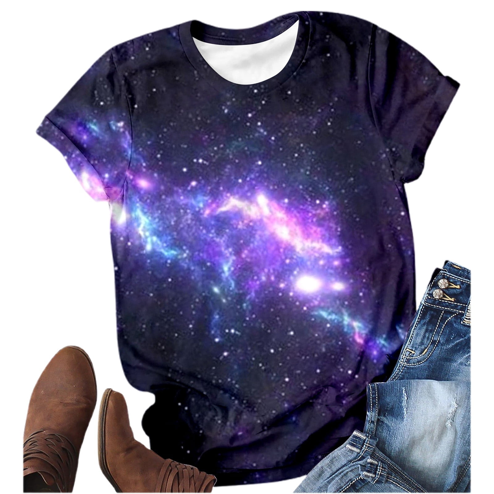 2025 Women's T-Shirts, T-Shirts Women, Title: Galaxy Print Round