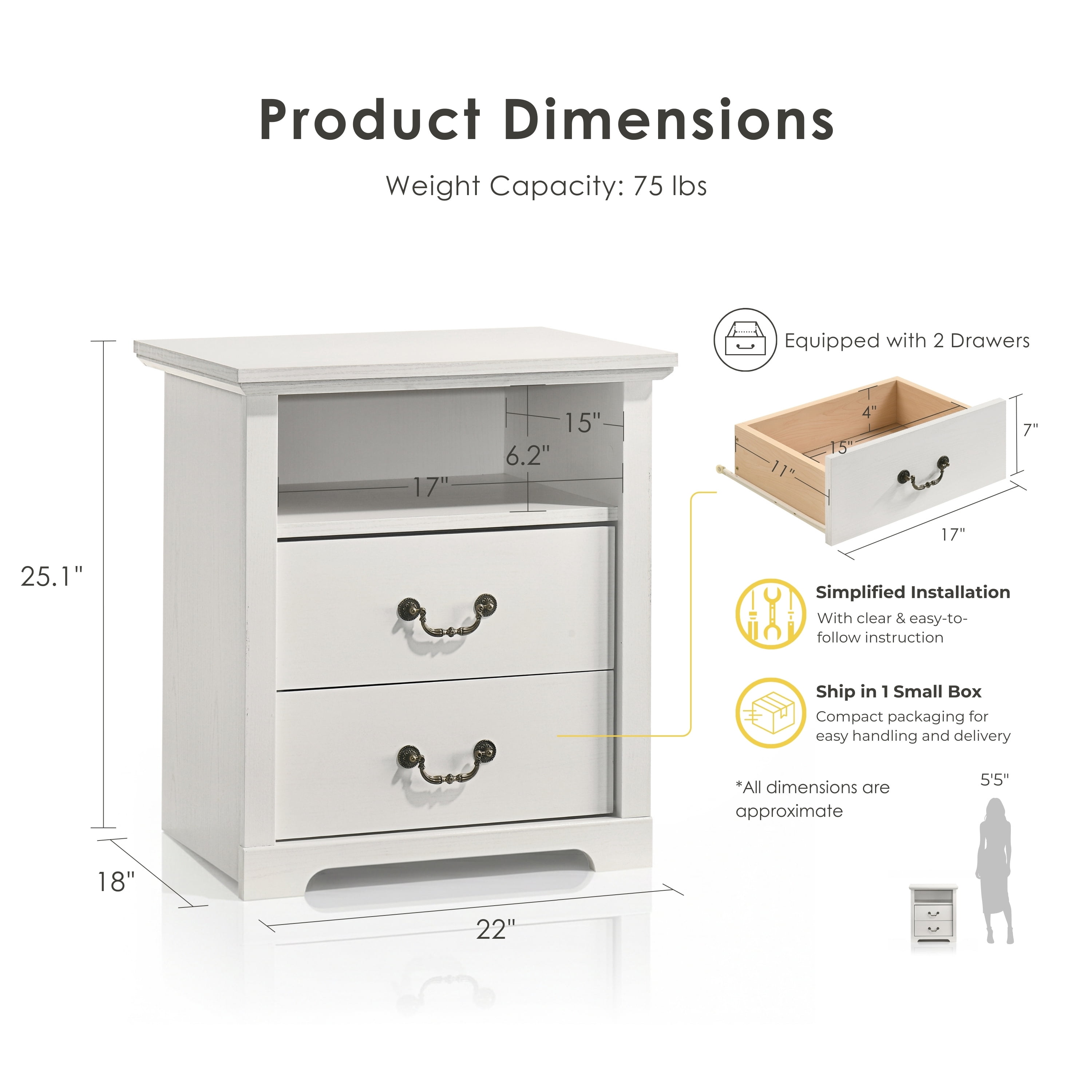 Furniture of America Chara Modern Wood 2-Drawer Nightstand with Open Top Shelf, White