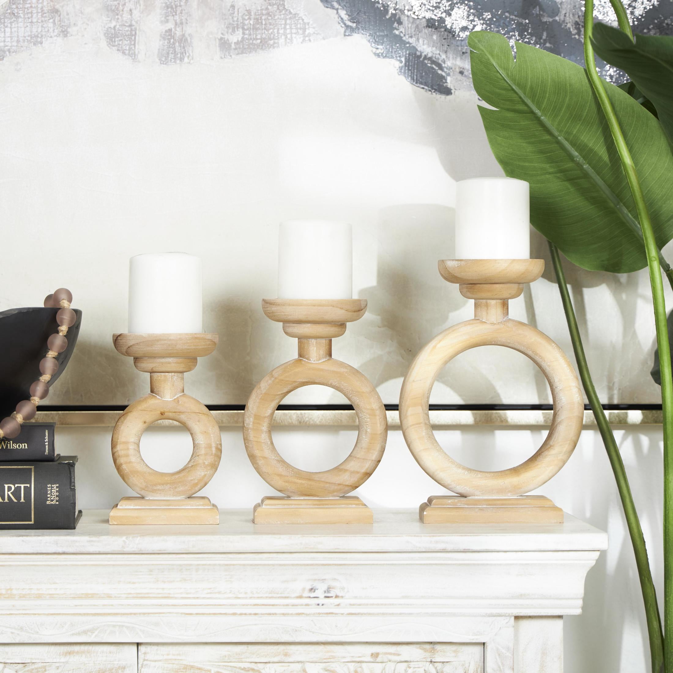 DecMode 3 Candle Brown Wood Circular Ring Candle Holder, Set of 3